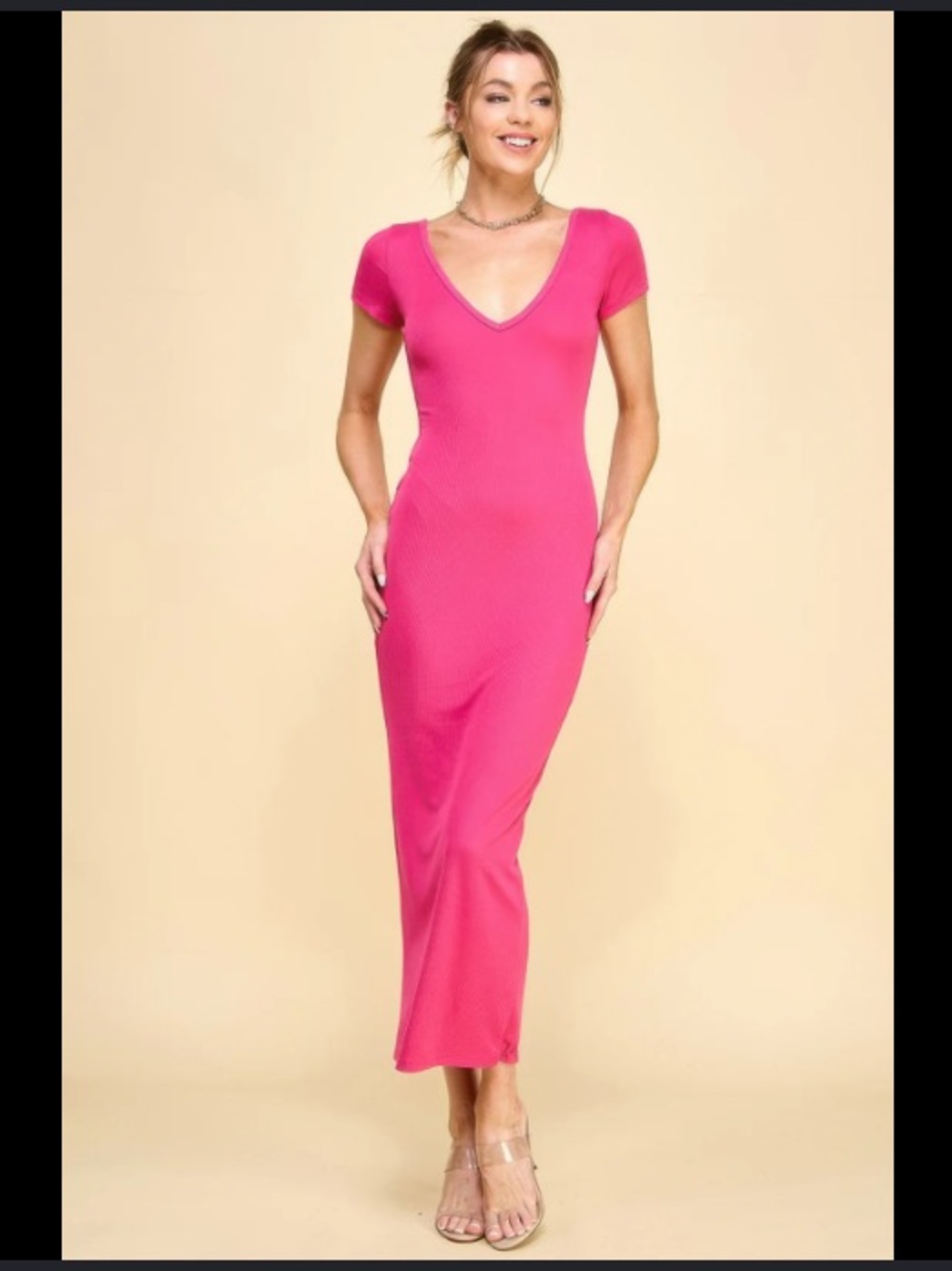 See You Monday Hot Pink Ribbed V-Neck Maxi Dress